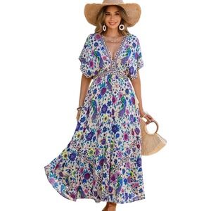 R.Vivimos Dress Womens Small Boho Peacock Floral Tassel V Neck Maxi Multicolor